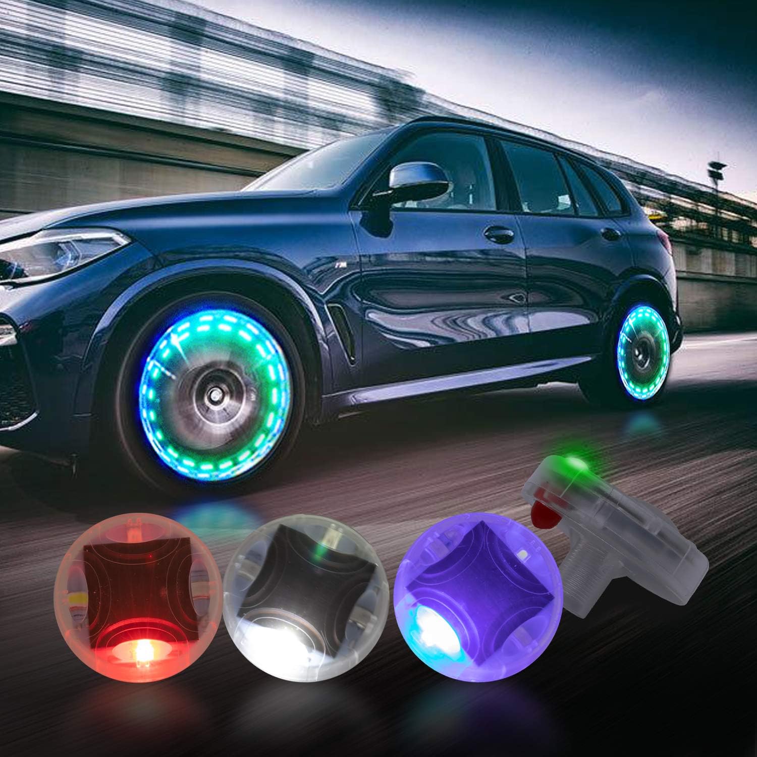 Akardo Car Tire Wheel Lights, 4Pcs Car Wheel Tire Air Valve, Hub Lamp Cap Light with Motion Sensors Colorful LED Tire Light Gas Nozzle for Car Bicycle Motorcycles Accessories: Automotive