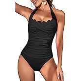 Eomenie Women One Piece Tummy Control Swimsuit Halter Scallop Trim Bathing Suits 1 Piece Vintage Ruched Slimming Swimwear