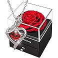 Preserved Rose Box with Austrian Crystal Necklace,Real Red Eternal Rose with S925 Heart Gemstone,Enchanted flower with Ruby Birthstone Pendant,Rose Gold Garnet Gift for Her on Mothers Day Anniversary
