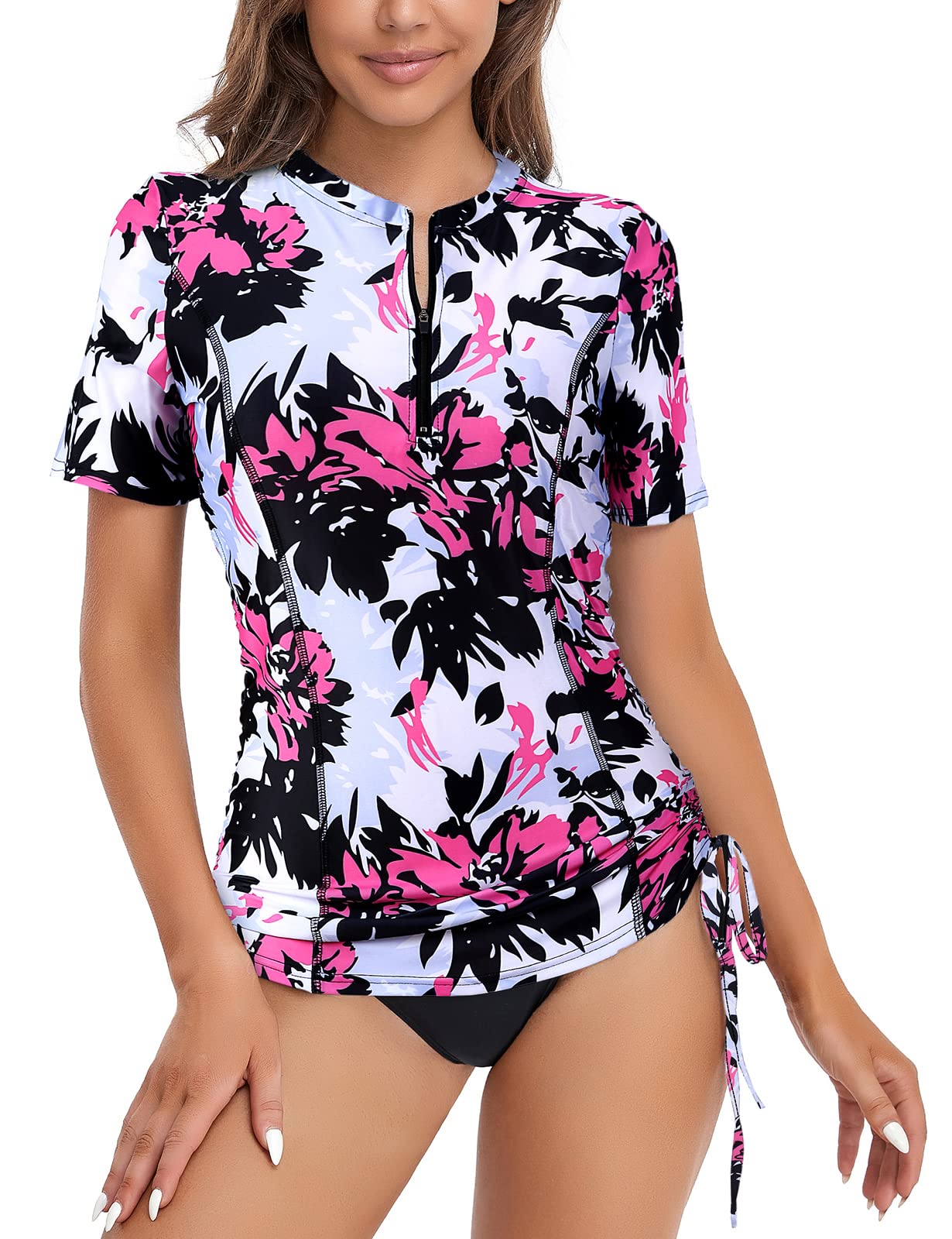 Photo 1 of LURANEE Rashguard Swimsuit for Women,Plus Size Rash Guard Short Sleeve UPF 50+ Swim Top Sun Protection Zipper Quick Dry Athletic Sun Shirts White Pink Floral XX-Large
