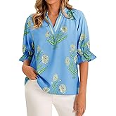 Cicy Bell Womens Boho Floral Blouses Puff Ruffle Sleeve V Neck Summer Shirts Dressy Casual Flowy Blouse Tops