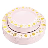 LIYH 60pcs Gold and Pink Plastic Plates,Pink