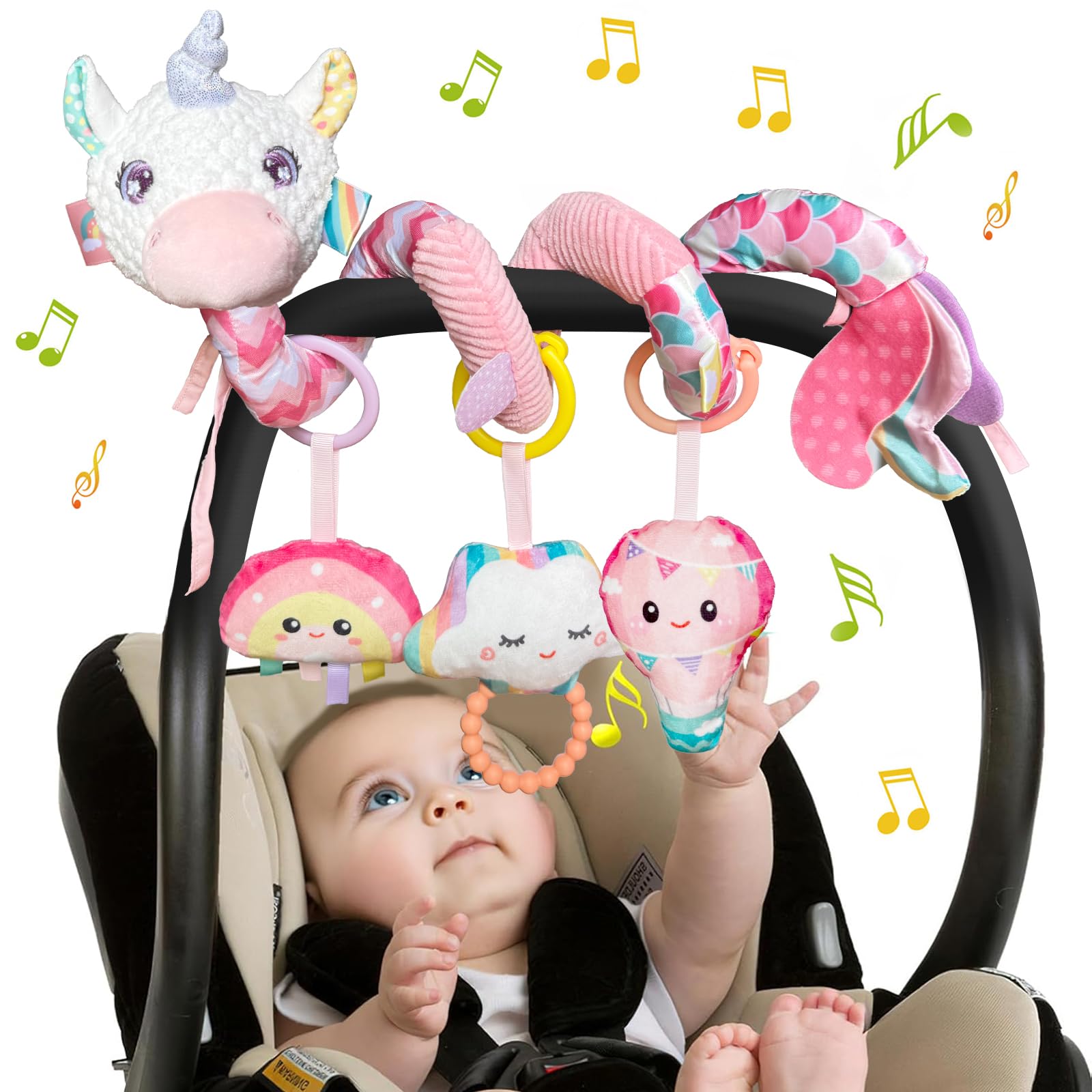 Kulveanju Baby Spiral Pram Toy 0-6 Months - Musical Plush Spiral Activity Hanging Toys for Babies Pushchair Stroller/Car Seat/Crib, Sensory Education Gifts for Newborn 6-12 Months Boys Girls, Pink