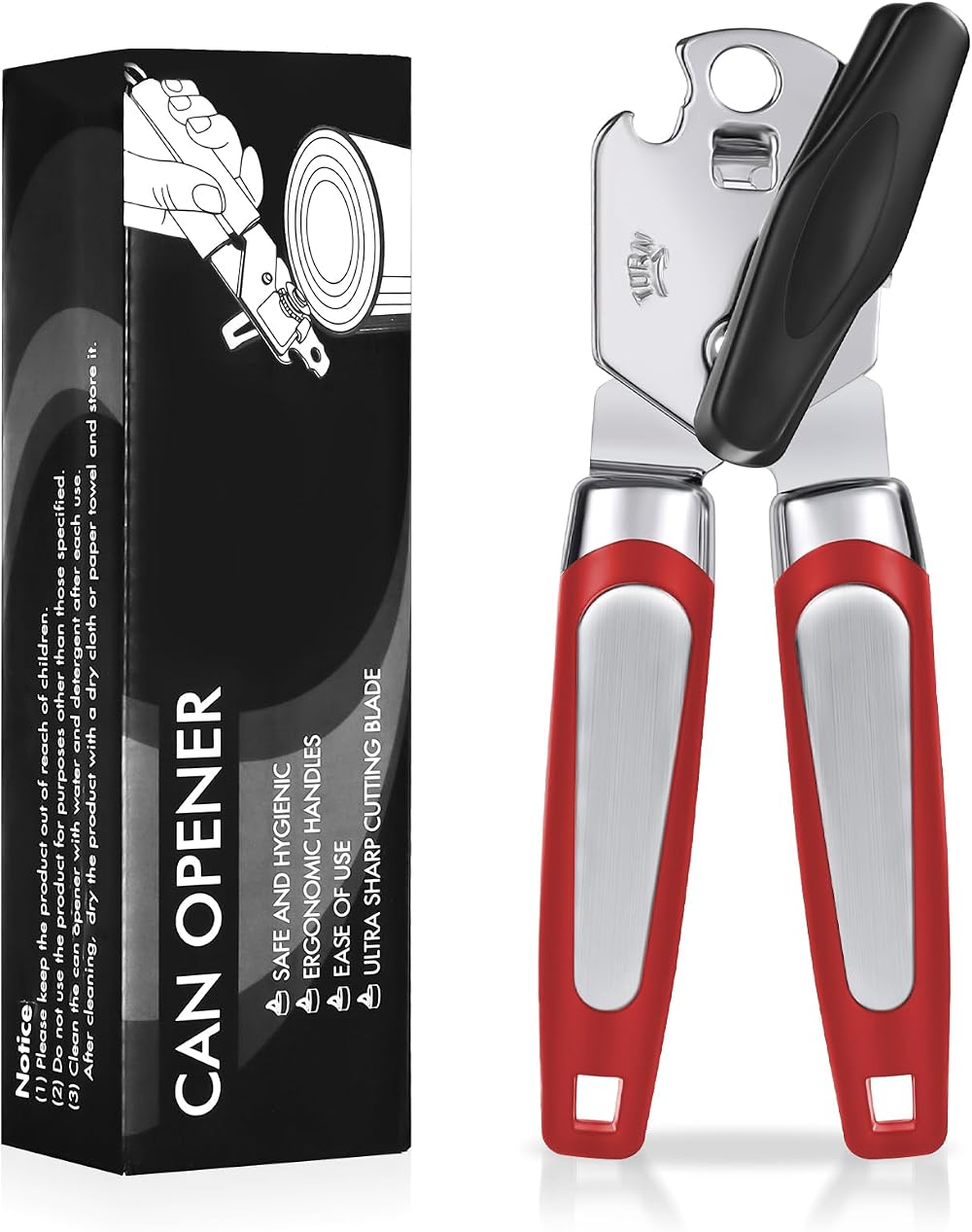 Lychico 3-in-1 Tin Opener Heavy Duty Red Stainless Steel Handheld