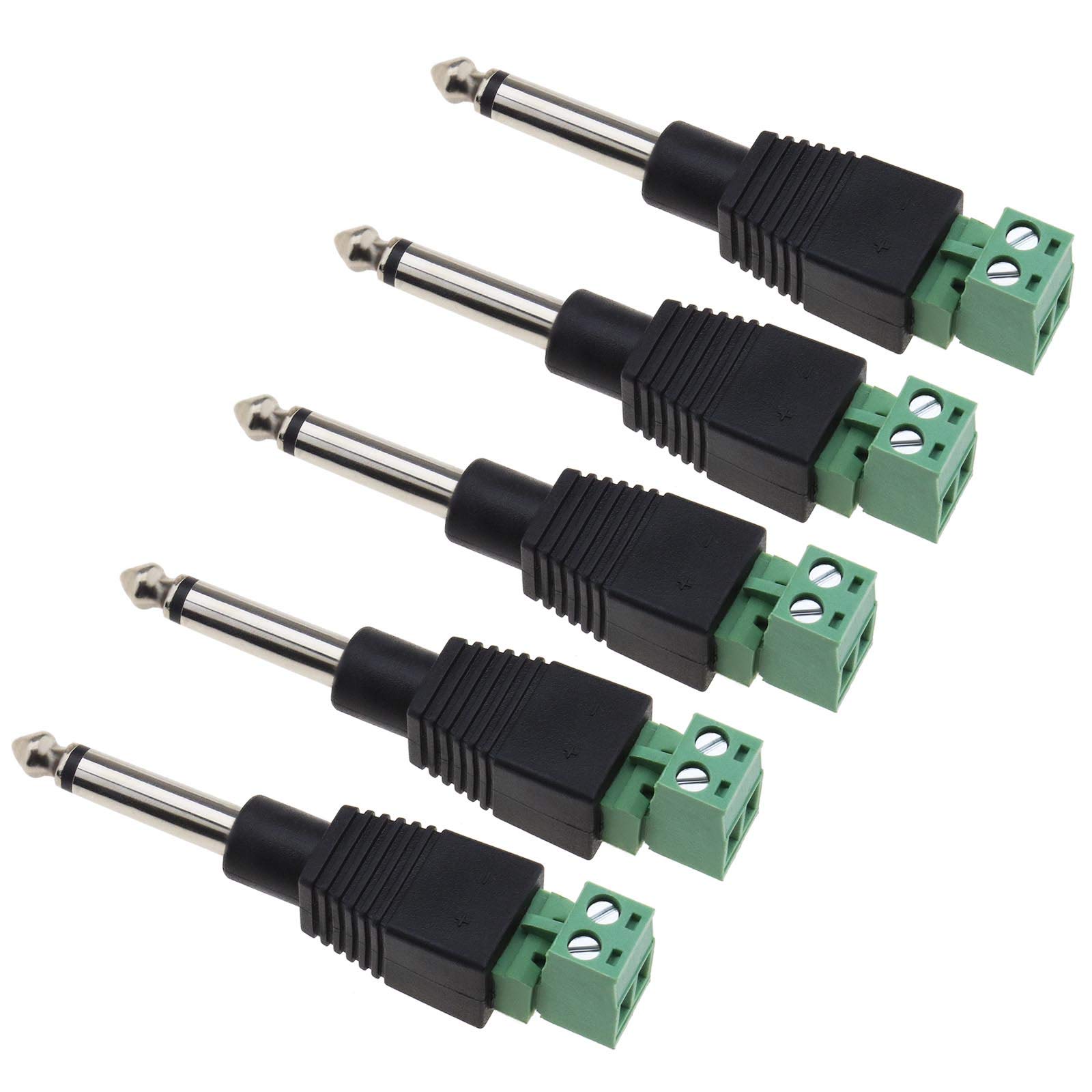 OTOTEC 5x 6.35mm Mono Plug to AV 2 Pin Screw Terminal Block L-shaped Adapters Solderless Audio Converters for Microphone Speaker