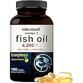 Omega 3 Fish Oil 4,200mg, 180 Burpless Softgels, Highly Purified EPA 1,200mg & DHA 900mg | Lemon Flavored | Premium Wild Caught Fish from Deep Sea – Heart & Brain Support – Mercury Free & Non-GMO