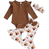 Kuriozud Newborn Baby Girl Bell Bottom Outfit Ruffle Romper Cute Bow Flare Pants Set Headband Cute Clothes