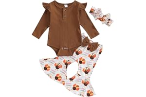 Kuriozud Newborn Baby Girl Bell Bottom Outfit Ruffle Romper Cute Bow Flare Pants Set Headband Cute Clothes
