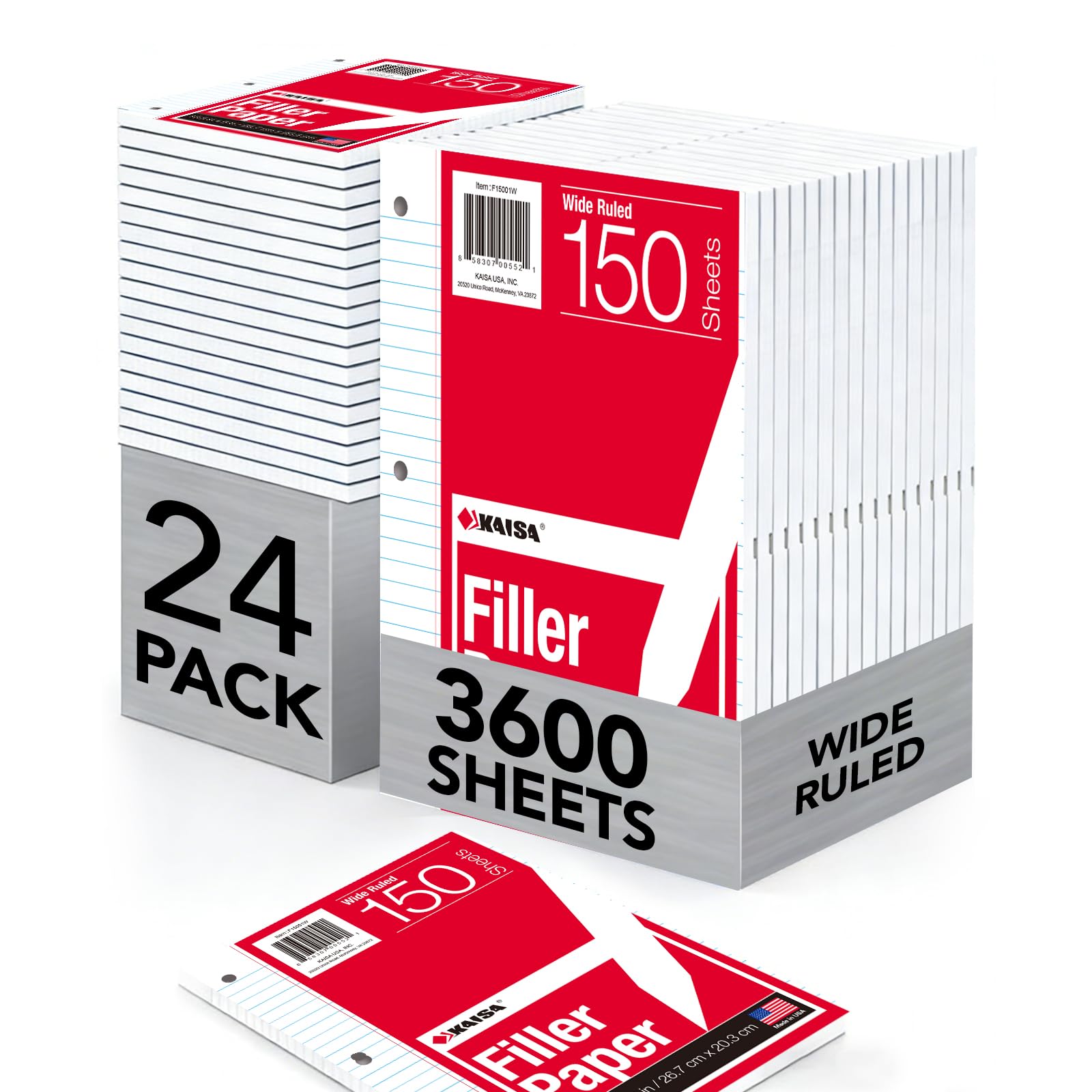 Kaisa Notebook Paper USA-Made Loose Leaf Paper, 24 Pack 3600 Sheets 8"x10.5" Wide Ruled - 3-Hole Punched Bulk Filler Paper for 3-Ring Binder, 150 Sheets/Pack, Wholesale Available(24Pack-Wide) Image