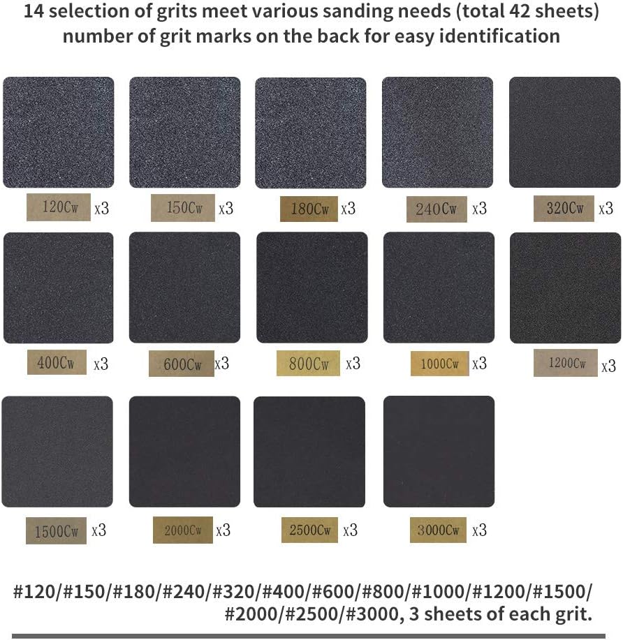 Sandpaper Assortment Girt 120 to 3000 Sand Paper with Sanding Block Sander, Wet Dry Variety Pack Abrasive Sandpapers for Wood Automotive Car Furniture Metal Polishing Finishing, 9х3.6” - - 