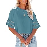 Yuccalley Women's Lace Short Sleeve Crop Tops Summer Casual Round Neck Tees