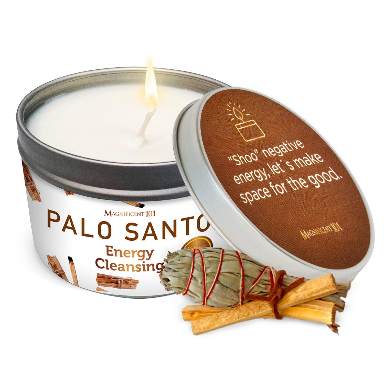 Photo 1 of Magnificent 101 Long Lasting Palo Santo Smudge Candle | 6 Oz - 35-Hour Burn | Essential Oils, 100% Natural Ingredients | Smoke Free, Petroleum Free Candle to Cleanse Your Home