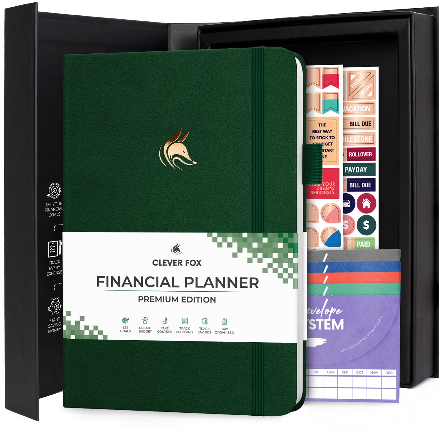 Photo 1 of Clever Fox Budget Planner Premium Edition – Expense Tracker Notebook + 5 Cash Envelopes, Budget Planner Organizer; Budget Book & Journal to Control Your Money, Undated; A5 Hardcover – Dark Green