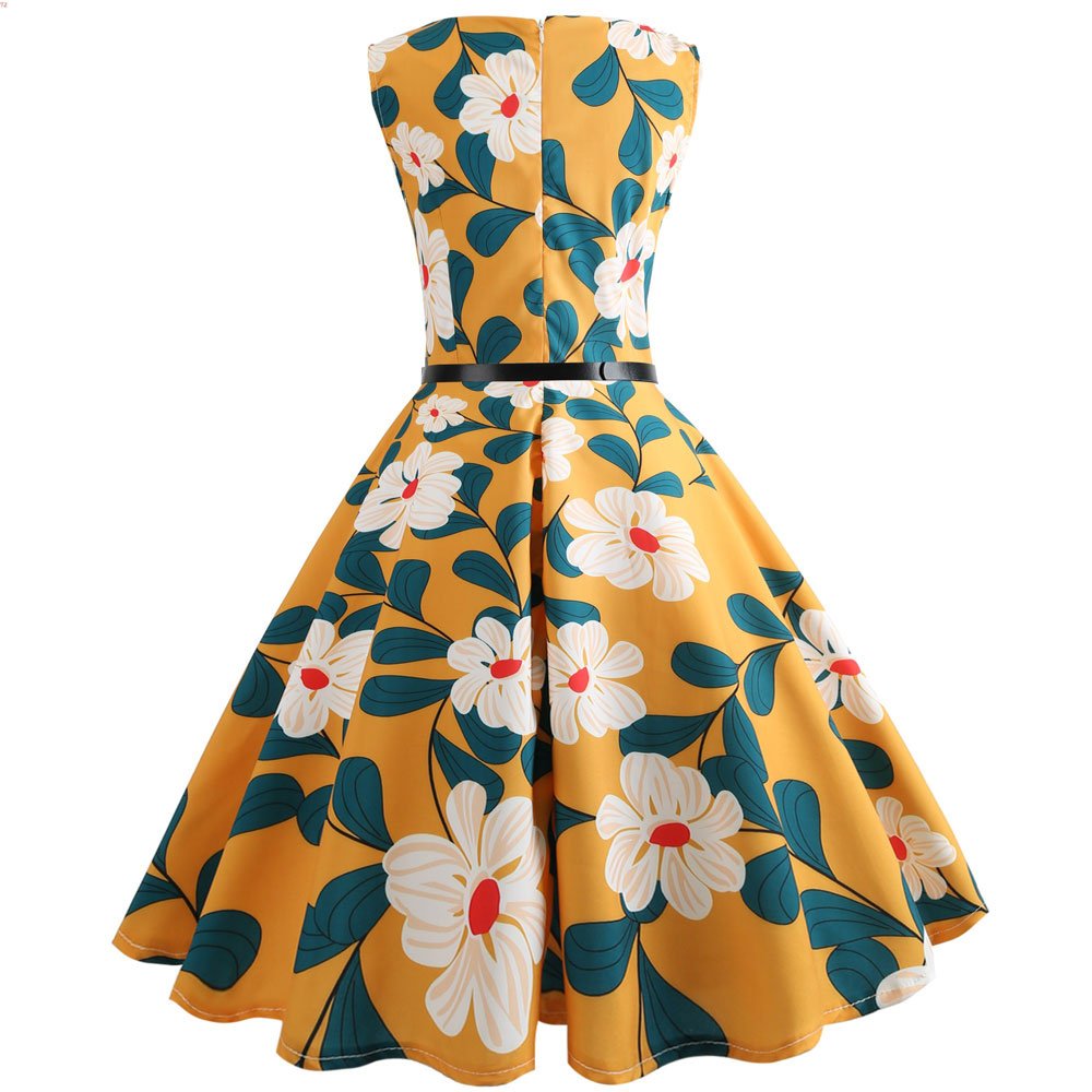 Women\'s 1950s Classy Cocktail Party Prom Vintage Rockabilly Floral Swing Dress with Belt Yellow M