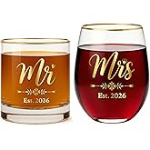 Mr and Mrs Gifts 2026 Wedding Gifts for Couple，13oz Whiskey & 17oz Stemless Wine Glass Set，Real Gold Fired Print，Engagement Gifts for Couples 2026-Anniversary, Bridal Shower Gift for Bride and Groom