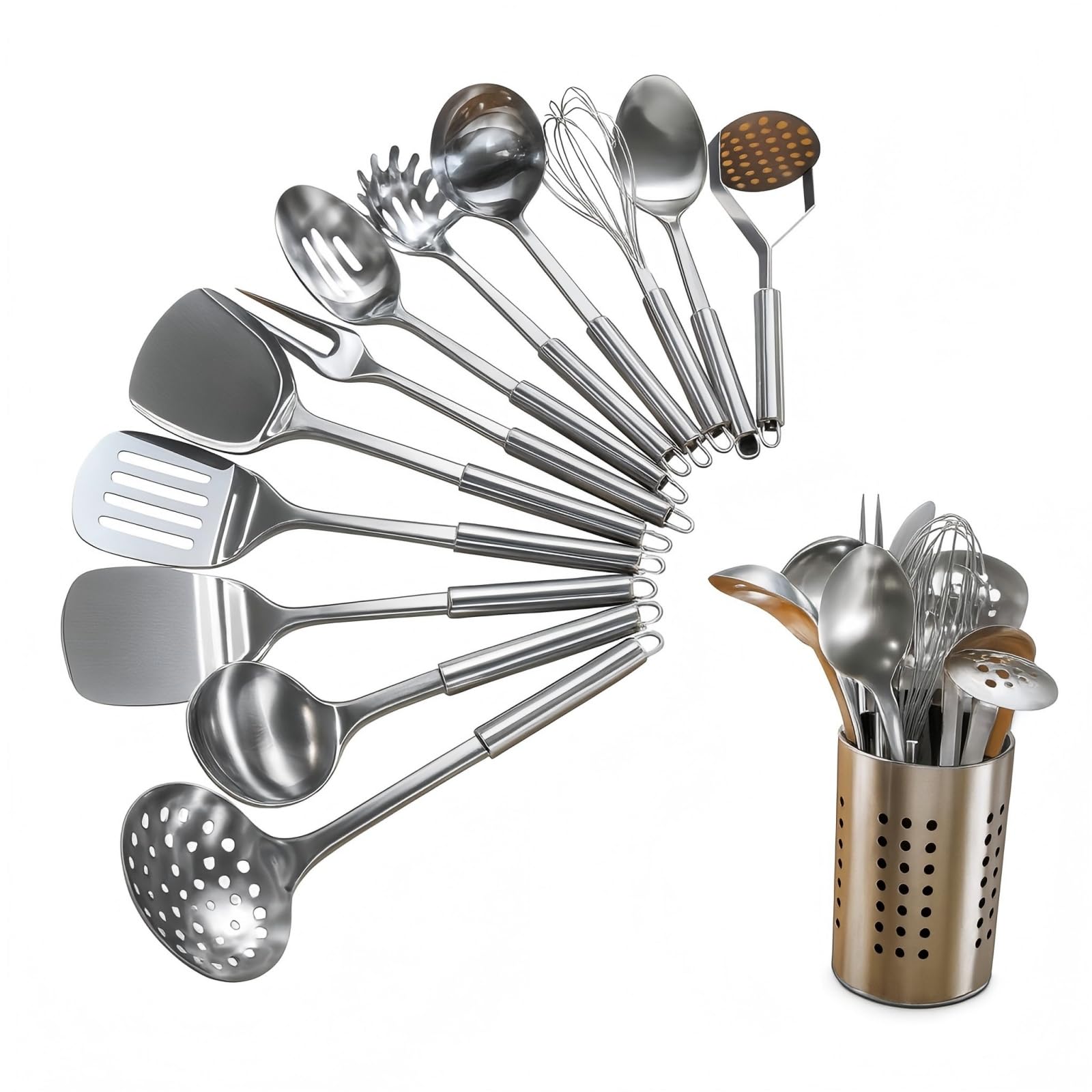 Photo 1 of 13 Pcs Stainless Steel Cooking Utensils Set, Heat Resistant Metal Kitchen Tools Include Utensil Holder, Solid & Slotted Spatula, Spoon, Ladle, Pasta Server,Potato Maseher, Egg Whisk, Meat Fork, Silver