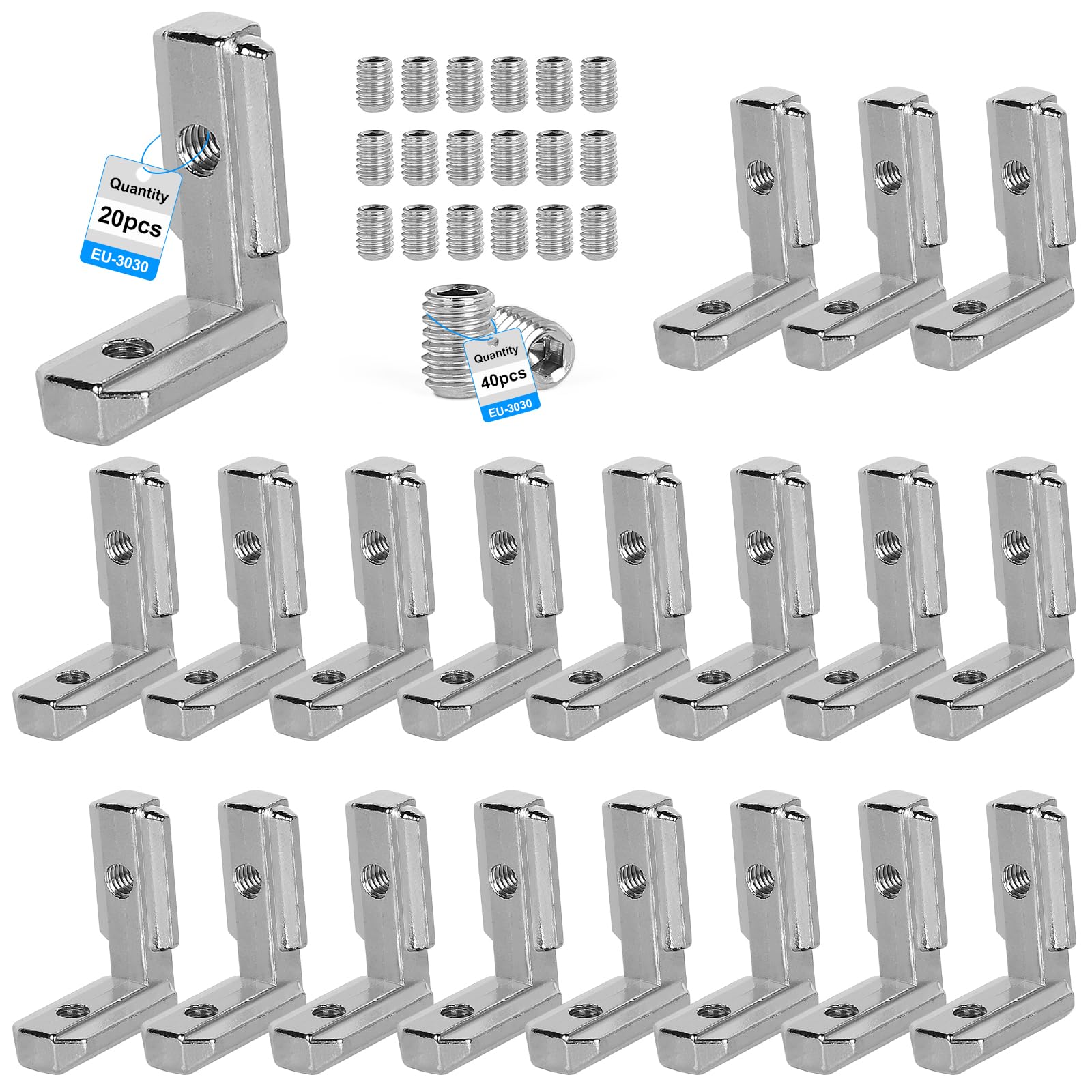 SUPAWAY 20pcs T-Groove Angle Brackets 3030 Angle Connector Right Angle Joint Aluminum Alloy Corner Bracket European Standard Aluminum Profile Groove with 40 Screws