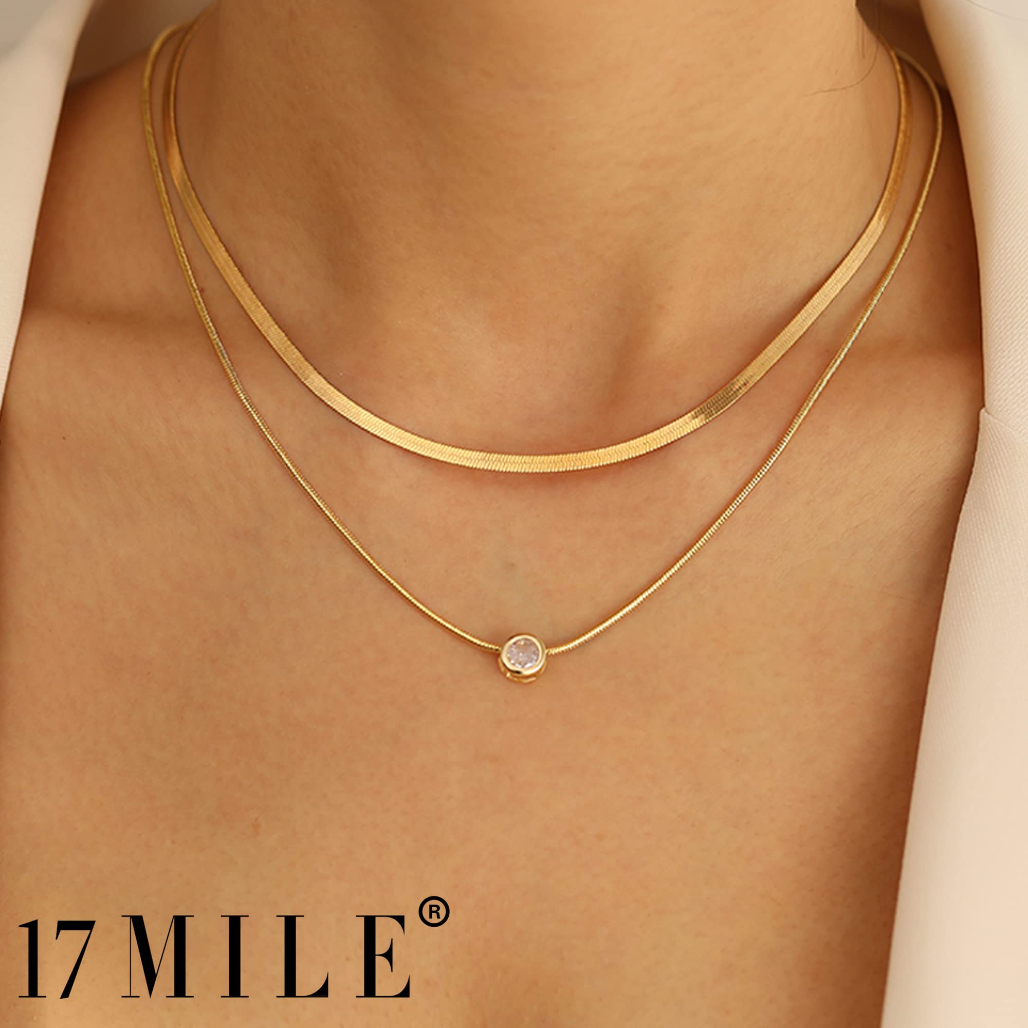 17 MILE Gold Layered Choker Necklace for Women, 14K Real Gold Plated CZ Pendant Necklace, Dainty Flat Snake Chain Layering Necklace for Gift