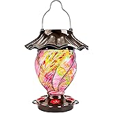 LUJII Solar Powered Color Changing Hummingbird Feeder for Outdoors Hanging, Hand Blown Glass, 35 fl.oz, Never Leak, Illuminated Lantern for Garden Decor, for Bird Lovers, Purple
