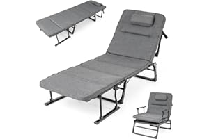 KOTEK Chaise Lounge Chair, 6-Position Folding Camping Cot with Padded Mattress, Pillow, Adjustable Camp Cot Bed for Outdoor/I