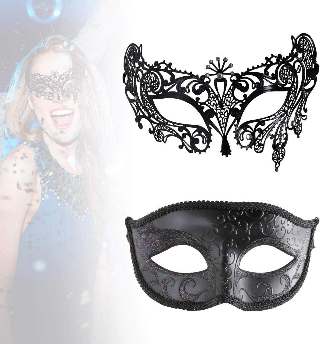 Supmaker Couples Masquerade Masks, His & Hers Masquerade Masks,Masquerade Ball Mask, Mardi Gras Masks, 2 Pack (black)