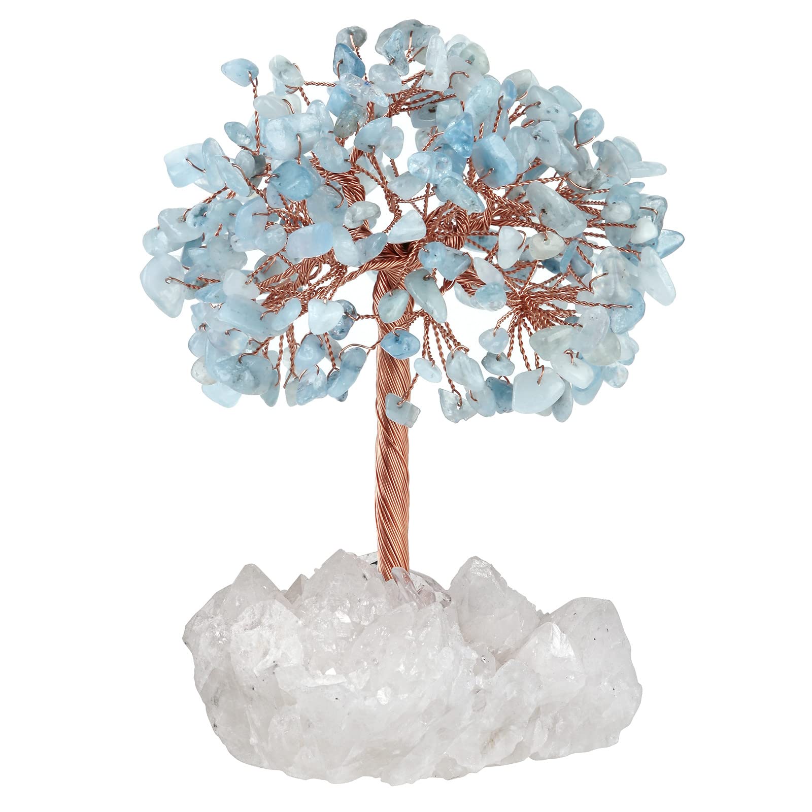 Nupuyai Aquamarine Crystal Money Tree with Rock Crystal Cluster Base, Good Luck Fengshui Figurine Spiritual Healing Stone Tree Ornament for Home Office Decor