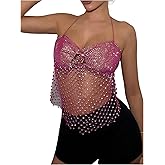 SHENHE Women's Rhinestone Fishnet Crop Halter Top Sexy Tie Backless Ruched Asymmetrical Party Tops