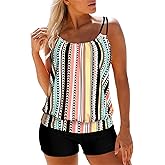 Modlily Tummy Control Tankini Swimsuits for Women, Lightweight Two Piece Bathing Suits, Blouson Top with Boyshorts