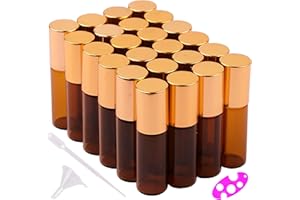 MaxMau 24 Pack 5ml Amber Glass Roller Bottles for Essential Oils,Roll on Bottle with Stainless Steel Roller Balls Golden Painted Caps for Daily Aromatherapy Sample Test Travel