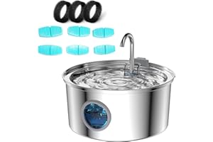 FOFNON Cat Water Fountain with 6Filters + 3Sponge Filters, 108oz/3.2L Cat Fountain Stainless Steel, Quiet Water Fountain for Cats Inside, Wster Level Window, Multiple Filtration to Purify Water