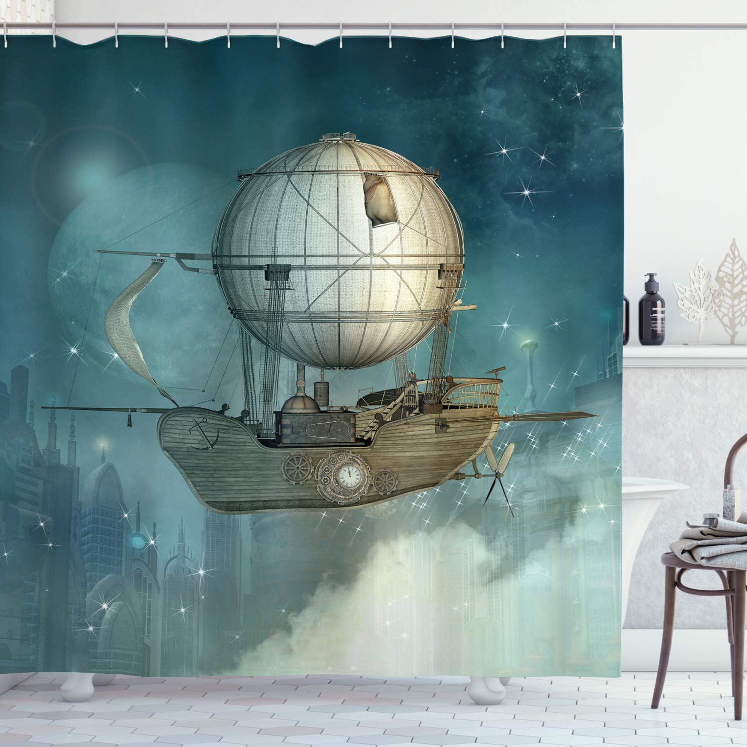 ABAKUHAUS Steampunk Shower Curtain, Airship Flying over a Futuristic Town Full of Skyscrapers, Cloth Fabric Bathroom Decor Set with Hooks, 175 x 200 cm, Blue Tan — image 1