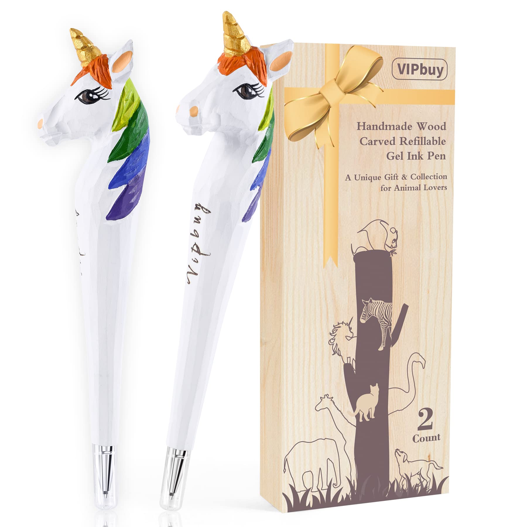 VIPbuy Handmade Wood Carved Dog Refillable Gel Ink Pen (Unicorn)