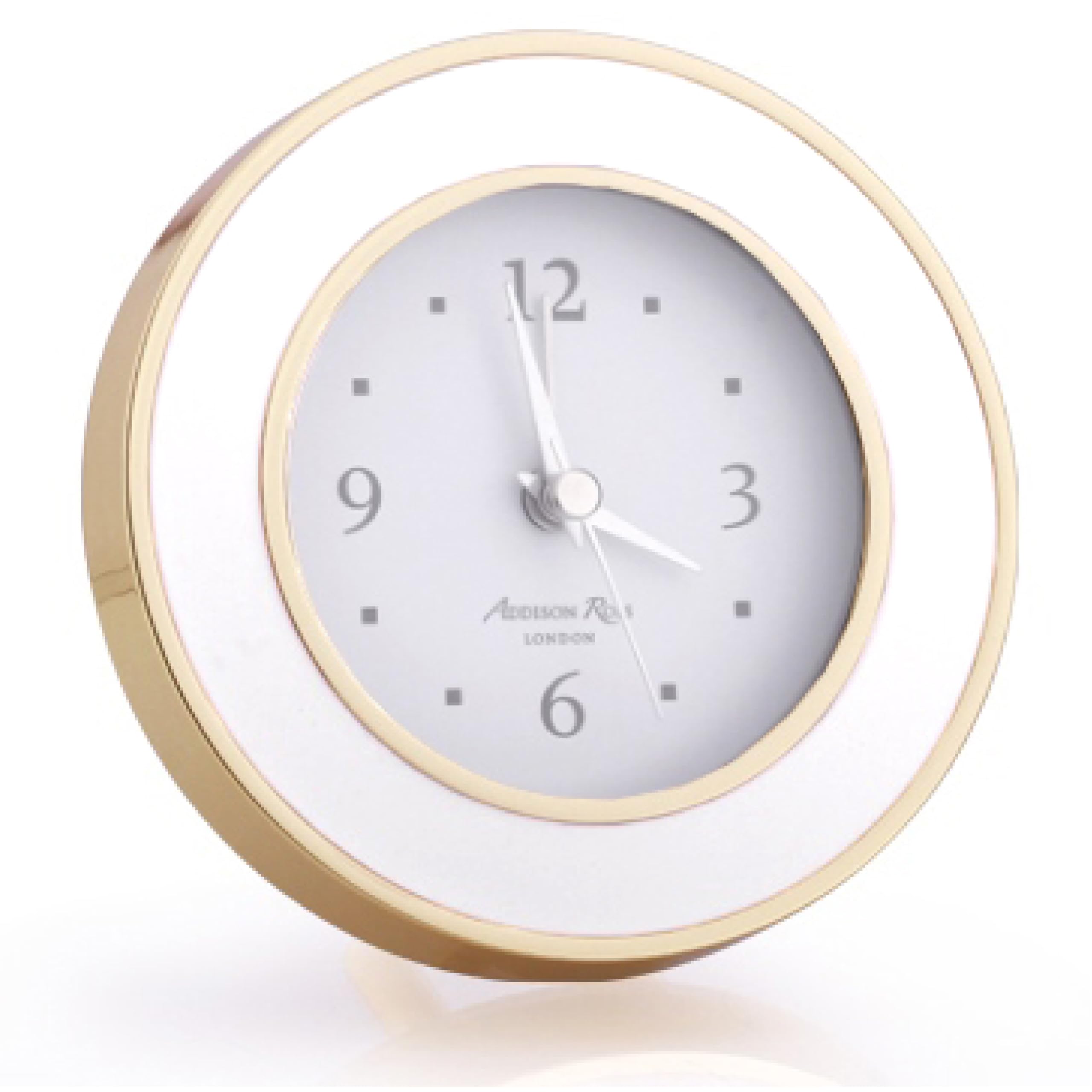 Addison Ross Battery Alarm Clock – Silent Sweep – Compact & Stylish – Alarm Clock Bedside – Velvet-Backed Design/Home & Office Decor – White Enamel & Gold