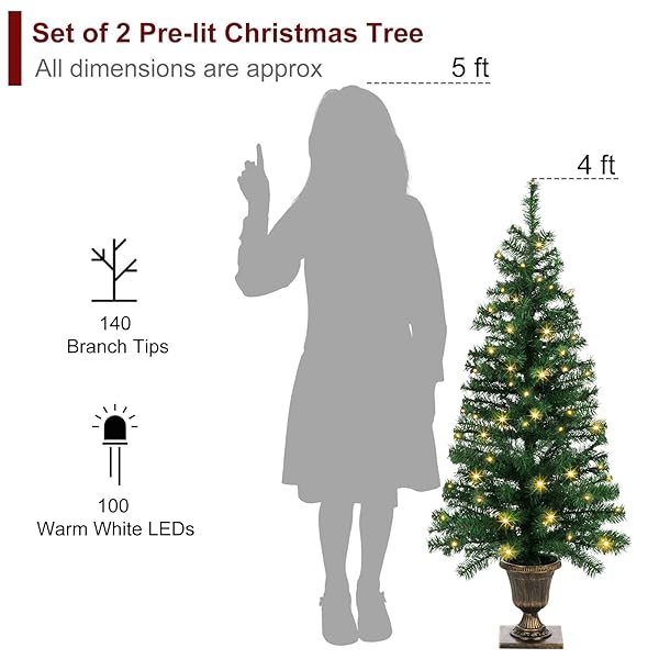 SET OF 2 CHRISTMAS TREES WITH LIGHTS 4-FT ARTIFICIAL URN POTTED PORCH CHRISTMAS TREE BATTERY POWERED WITH 8 MODES AND TIMER FOR INDOOR OUTDOOR
