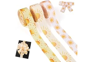 KISSITTY 3 Rolls Sun Print Grosgrain Ribbon Polyester Boho Summer Sunshine Themed Craft Decorative Ribbons for Hair Bows Maki