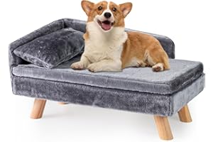 PETSITE Elevated Dog Couch, Small Pet Dog Sofa Bed with Soft Cozy Cushion & Pillow, Sturdy Wood Legs, and High Back, Modern P