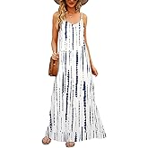 Supnier Women's Summer Maxi Dress Casual V-Neck Sleeveless Bohemian Spaghetti Strap Floral Long Maxi Dress with Pockets