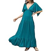 Kikibell Women Summer Dresses Sexy V-Neck Maxi Dress Tiered Silhouette with Flutter Sleeve Backless Elastic Waist Flowy Dress