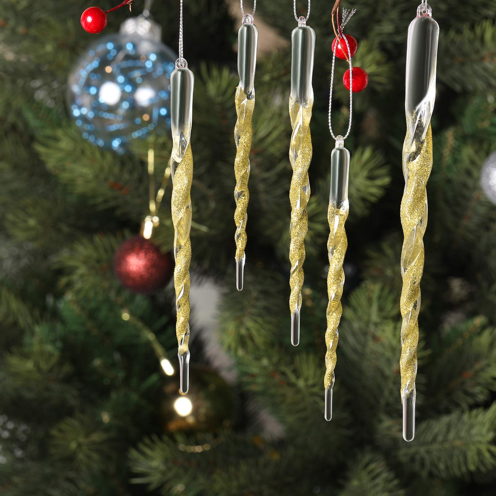 Boao 36 Pieces Acrylic Icicle 5.12-7.8 Inch Twisted Acrylic Icicle Christmas Tree Holiday Ornaments Icicle Xmas Party Decorations Hanging (Glitter Golden)