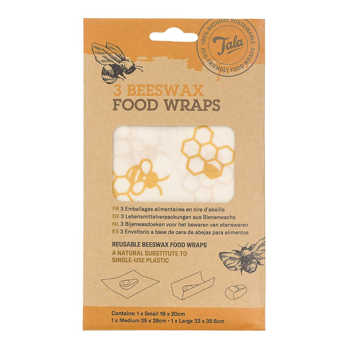 Tala Honeycomb Reusable Beeswax Food Wrap Set - Plastic Free Food Wraps - Cling Press and Seal Wrap - Set of 3, 18 x 20 cm, 25 x 28 cm and 33 x 35.5 cm