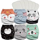 Mama Koala 3.0 Pocket Cloth Diapers for Babies with AWJ Lining, 6 Pack with 6 5-Layer Natural Cloth Diaper Inserts - Reusable and Washable Pocket Diapers(A-Love Animals)