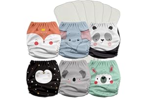 Mama Koala 3.0 Pocket Cloth Diapers for Babies with AWJ Lining, 6 Pack with 6 5-Layer Natural Cloth Diaper Inserts - Reusable and Washable Pocket Diapers(A-Love Animals)