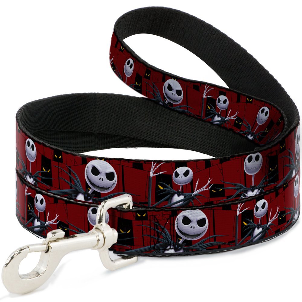 Buckle Down 0.5" "Nightmare Before Christmas 3 Jack Poses/Peeping Eyes Burgundy/Black/Yellow Dog Leash, 4'