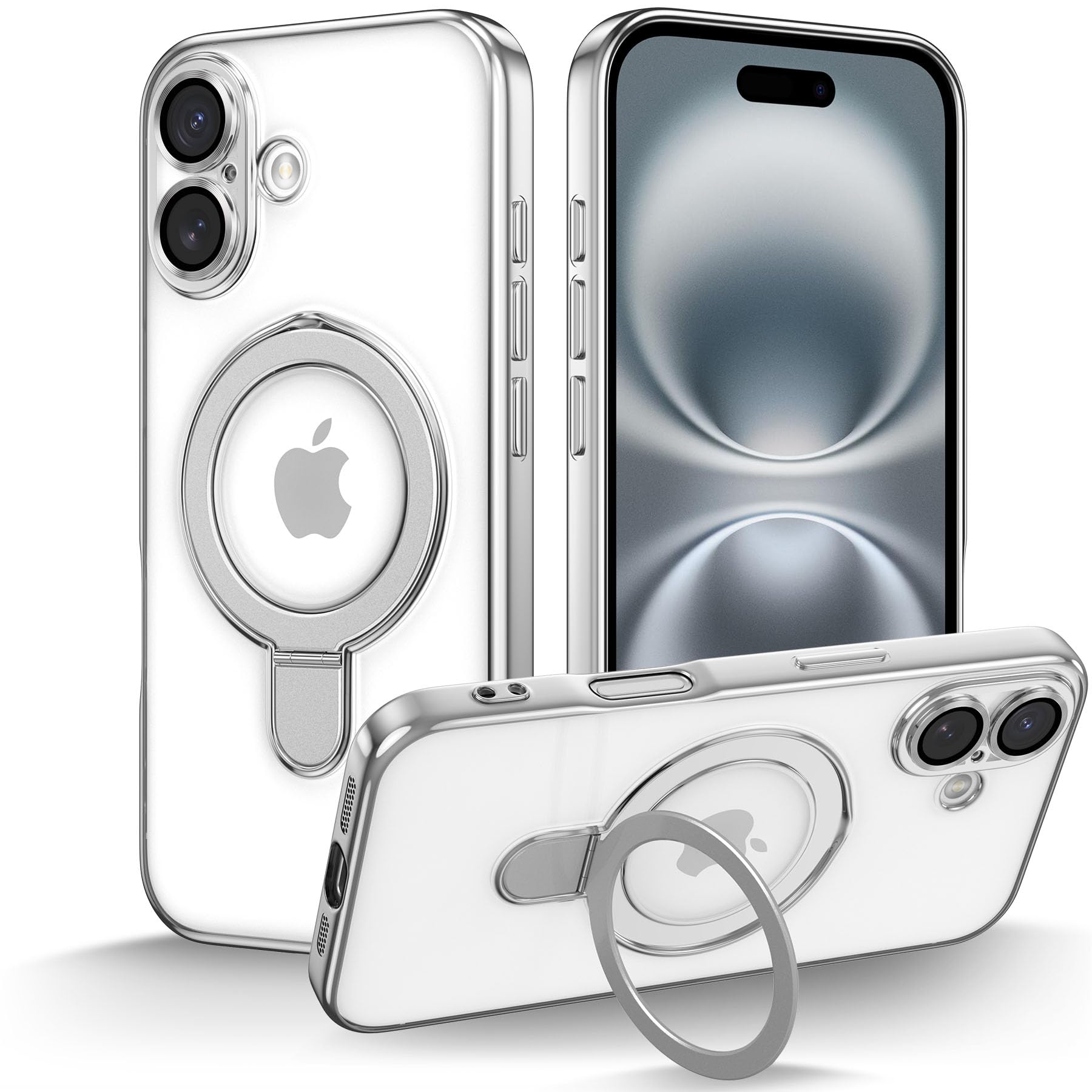 ZCDAYE Magnetic Case for iPhone 16 with Invisible Stand, Transparent Phone Case Compatible with Magsafe Camera Protection Plating Clear Women Man Cases for iPhone 16, Silver