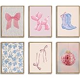 Blue and Pink Preppy Poster Set of 6 Cute Coquette Bow Boots Wall Art Aesthetic Coastal Wall Art, Trendy Girls Dorm Decor Cute Pink Bows Wall Decor for Bedroom Living Room Unframed 8x10 Inch