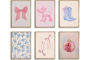 INCH SUNSHINE ART Blue and Pink Preppy Poster Set of 6 Cute Coquette Bow Boots Wall Art Aesthetic Coastal Wall Art, Trendy Girls Dorm Decor Cute Pink Bows Wall Decor for Bedroom Living Room Unframed 8x10 Inch