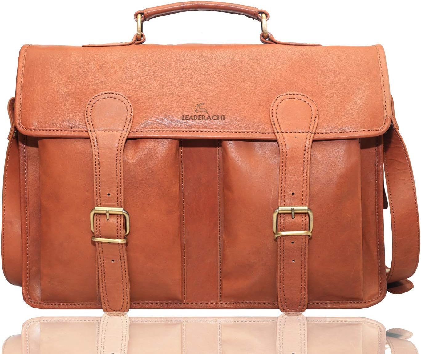 Unisex Vintage Pure Leather Handmade Tan Bag Cross over Shoulder Office Briefcase Bag with 15.6-inch Laptop Compartment