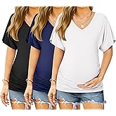 Ekouaer 3 Pack Maternity Shirts V Neck Dolman Sleeve Side Ruched Pregnancy Tops Tunic Blouse