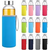 Vesici 12 Set 18 oz Clear Glass Water Bottles, Reusable Glass Juicing Bottles with Protection Sleeve and Stainless Steel Leak Proof Lids for Milk Smoothie Juice Beverage Tea (Colorful,Classic)