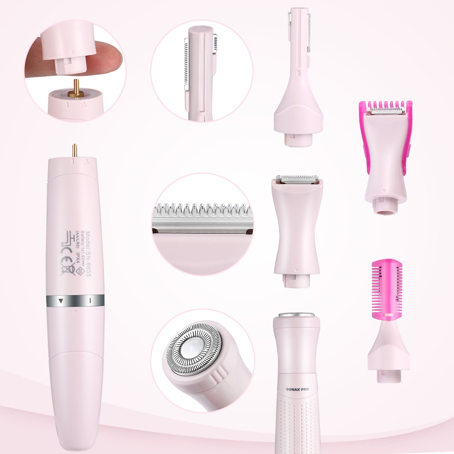 Elektrorasierer Damen 3 in 1,  Elektrischer Damenrasierer für Gesicht, Augenbrauen, Körper und Intimbereich, Haarentfernungssystem für Frauen, batteriebetrieben